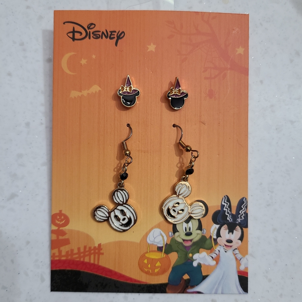 ๐ New Disney Mickey Pumpkin Minnie Witch Halloween 2 Pack Earring Set Carded
